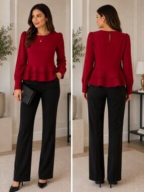 Zara Woman Red Peplum Blouse Puff Sleeve Long Sleeve Top Size M
